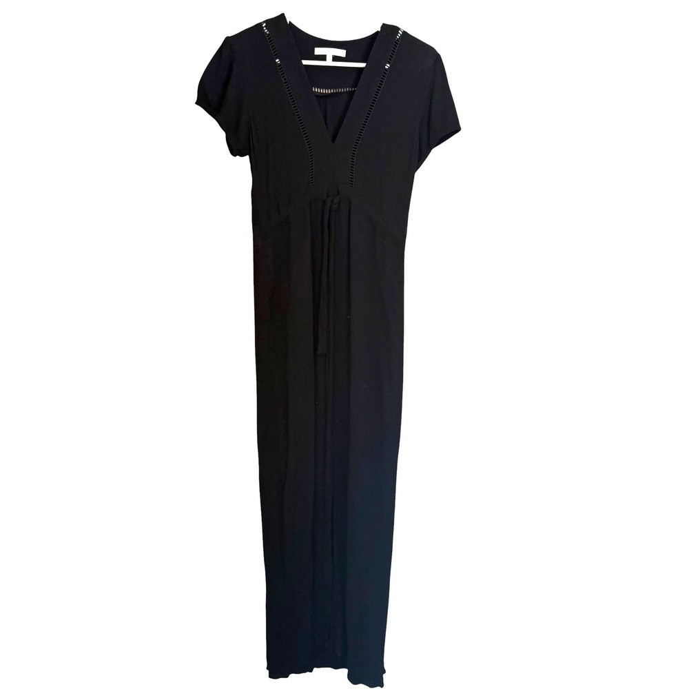 WAYF Boho Babydoll Maxi‎ Dress Sz S Black Tie Waist Lace Trim SS Festival Resort